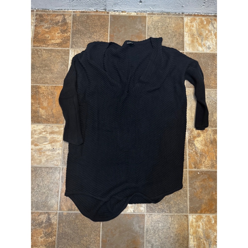 Express Women Black V-Neck Oversized Knit Sweater Long Sleeve Textured Large